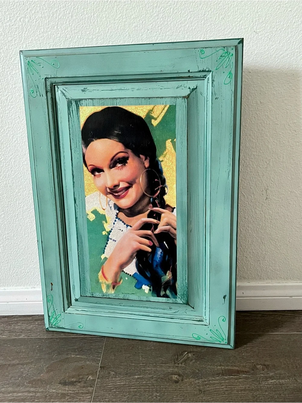 Turquoise Distressed Wood Picture Frame with Portrait Artwork